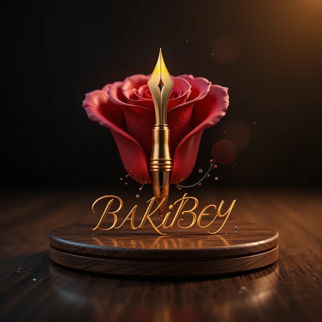 Golden rose and fountain pen logo on dark background