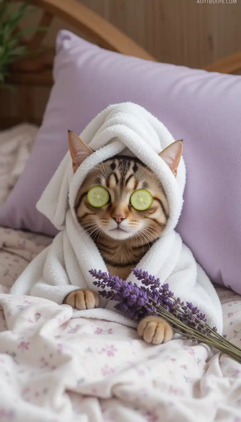 Tabby cat relaxing at a spa with cucumber eye mask