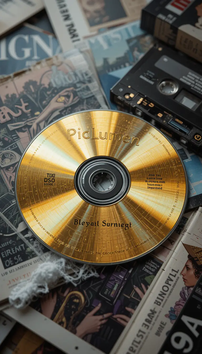 Gold compact disc with cover and cassette on magazines