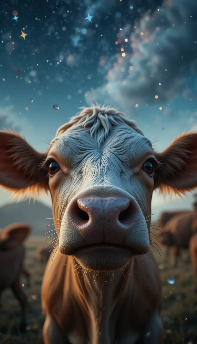 Close up calf eyes with tears reflecting starry night sky