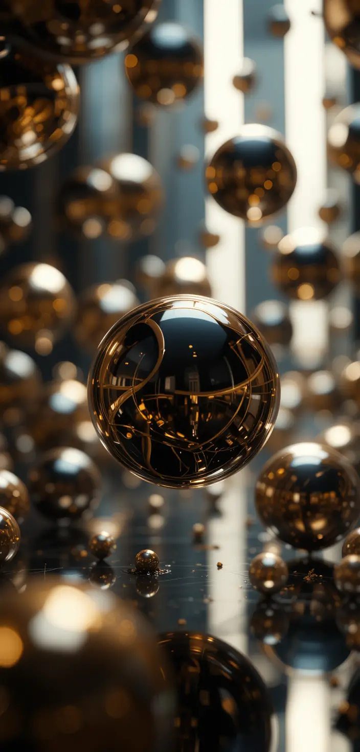Schwebende goldene und schwarze Metallsphären im dunklen Raum