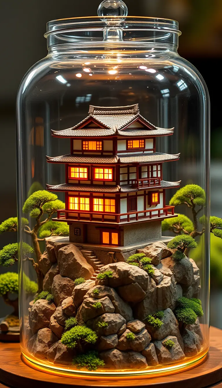 Miniature Japanese house in a glass jar on rocky terrain