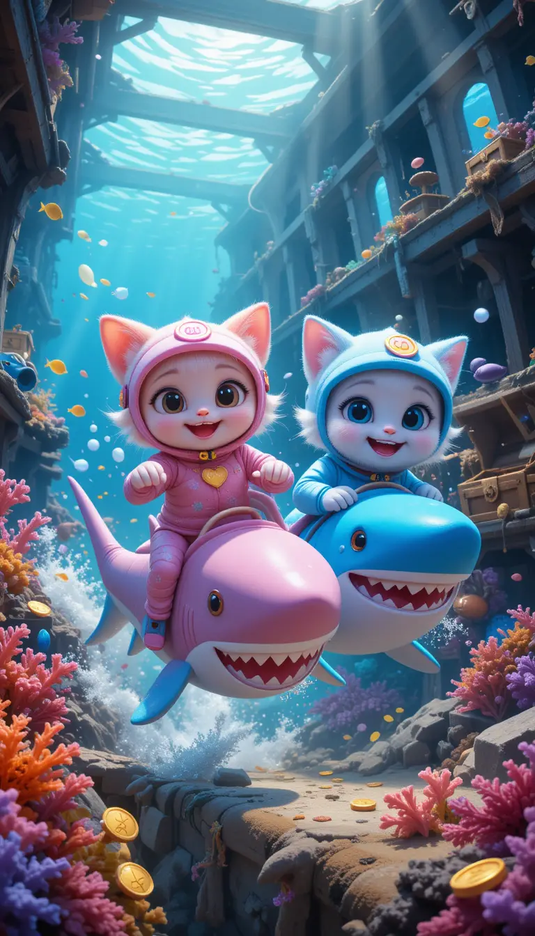 Chubby pastel kittens racing colorful sharks underwater