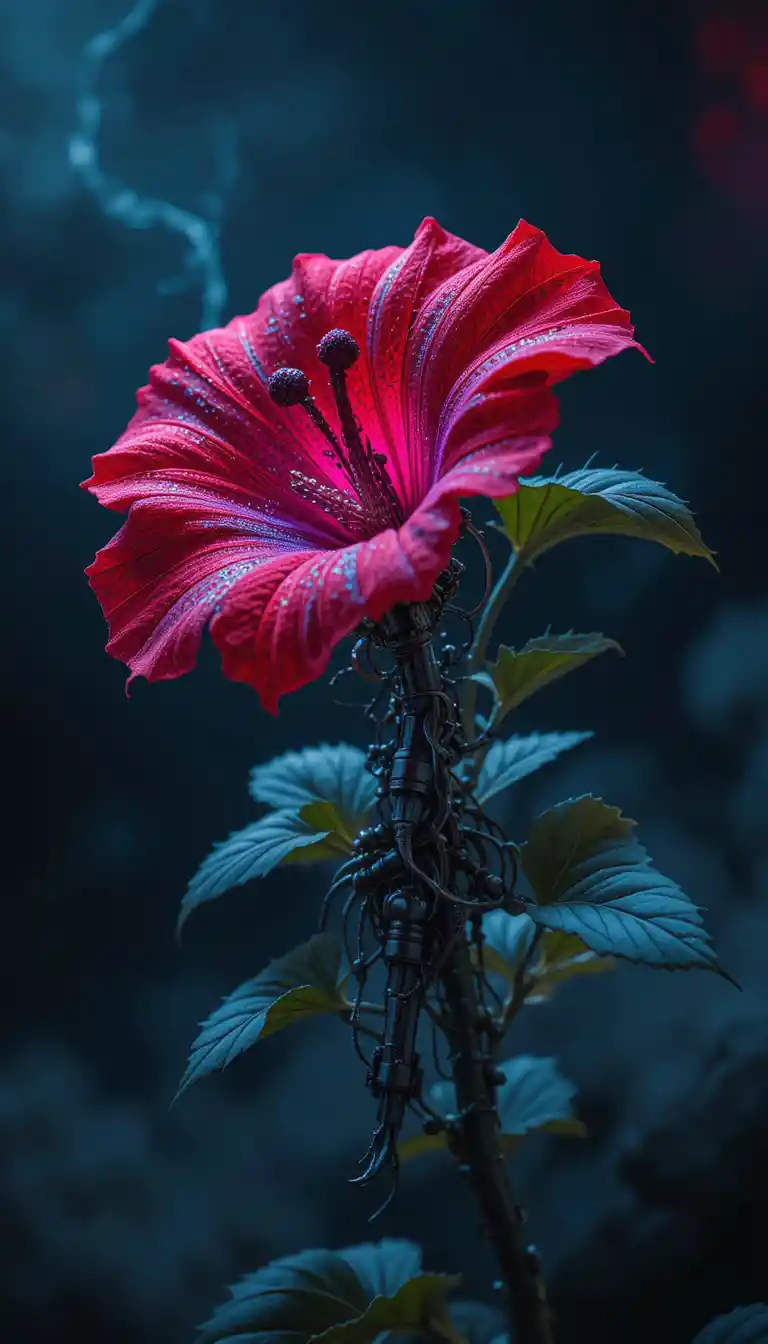 Cybernetic Red Petunia Fused With Advanced Machinery