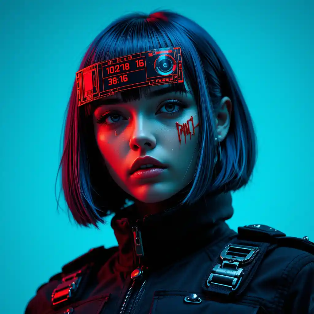 Retrato cyberpunk de mujer con pantalla holográfica de tiempo