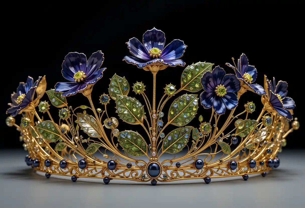 Graceful gold tiara with peridot and sapphire gemstones