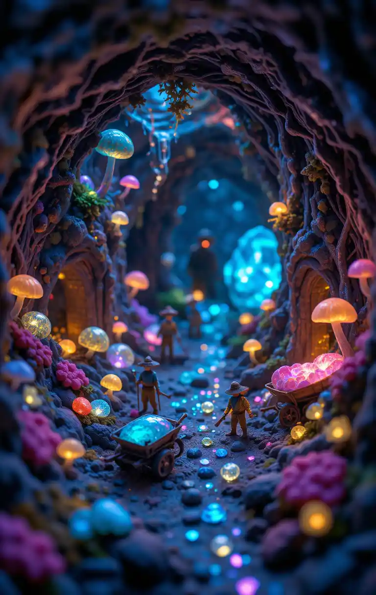 Miniature gemstone miners in a glowing fantasy cavern