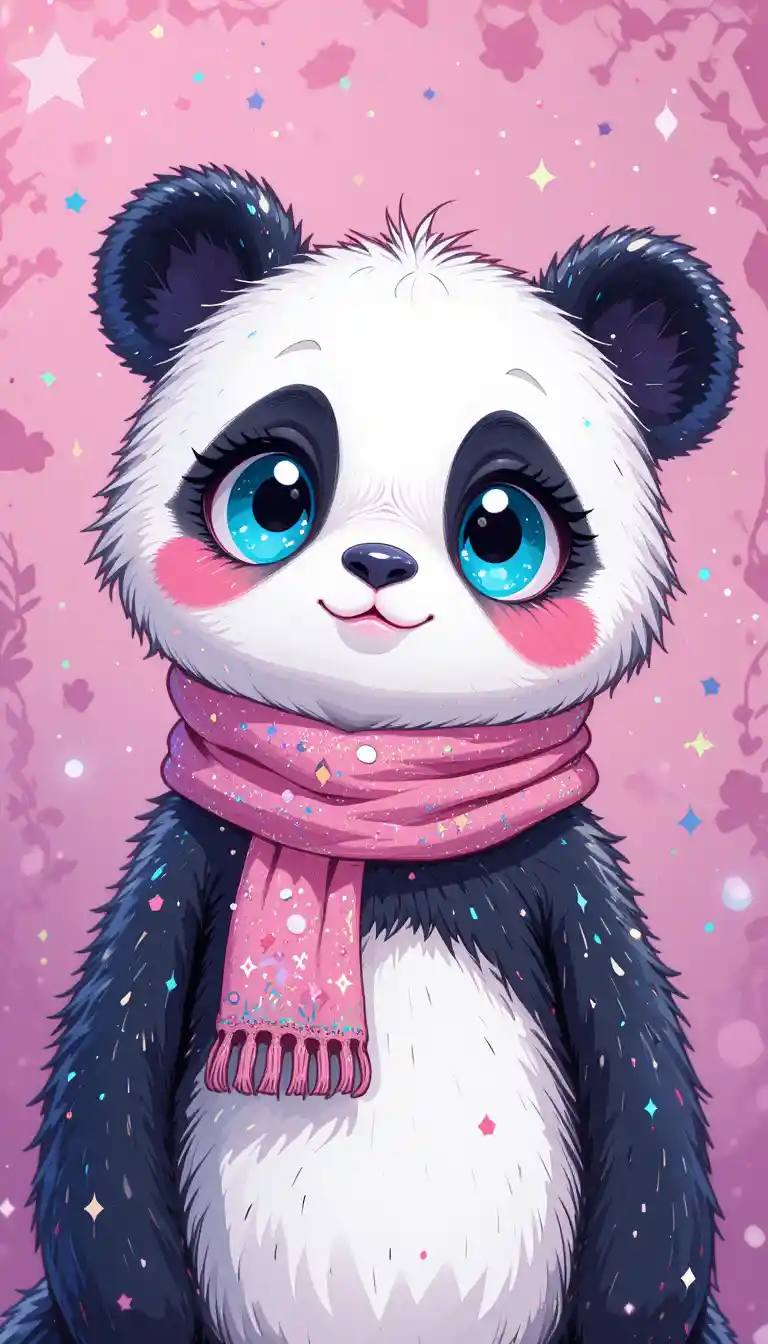 Adorable panda kawaii aux yeux turquoise et écharpe rose