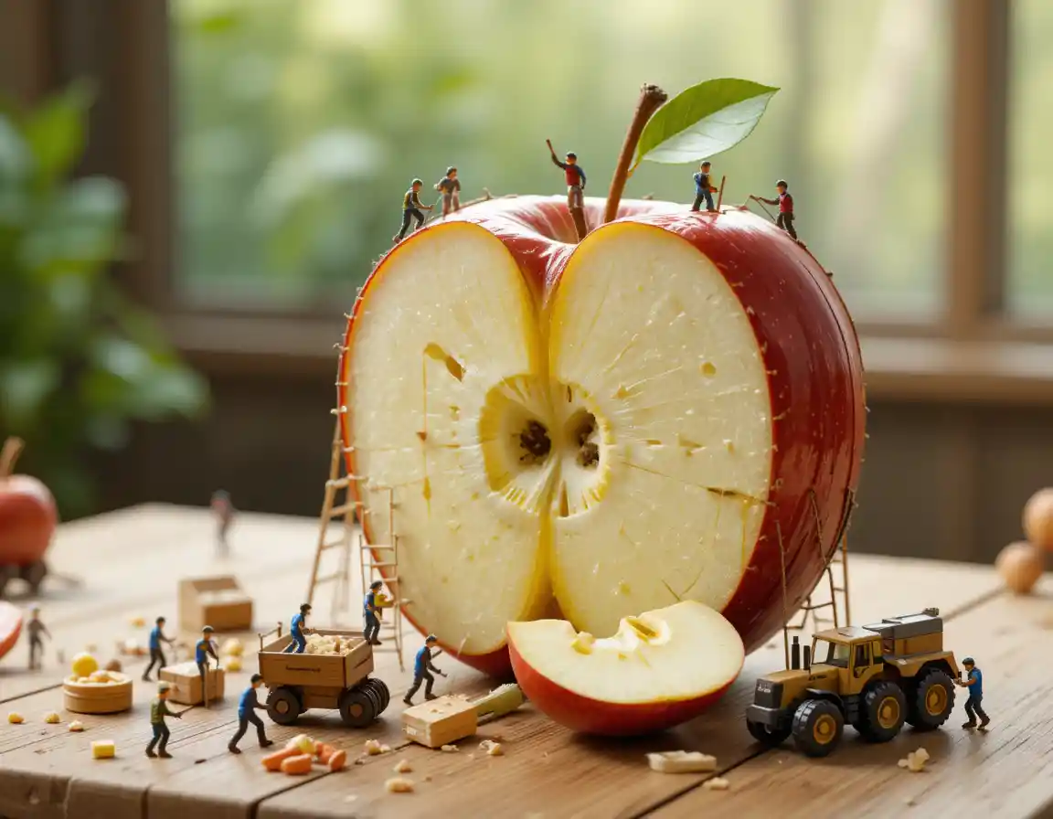 Miniature workers harvesting a giant apple on table