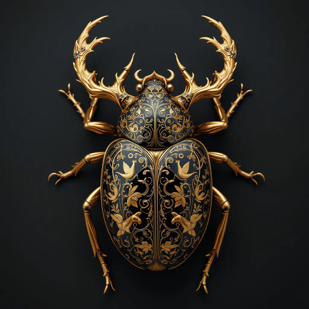 Gold and black porcelain beetle sculpture with ornate bird motifs