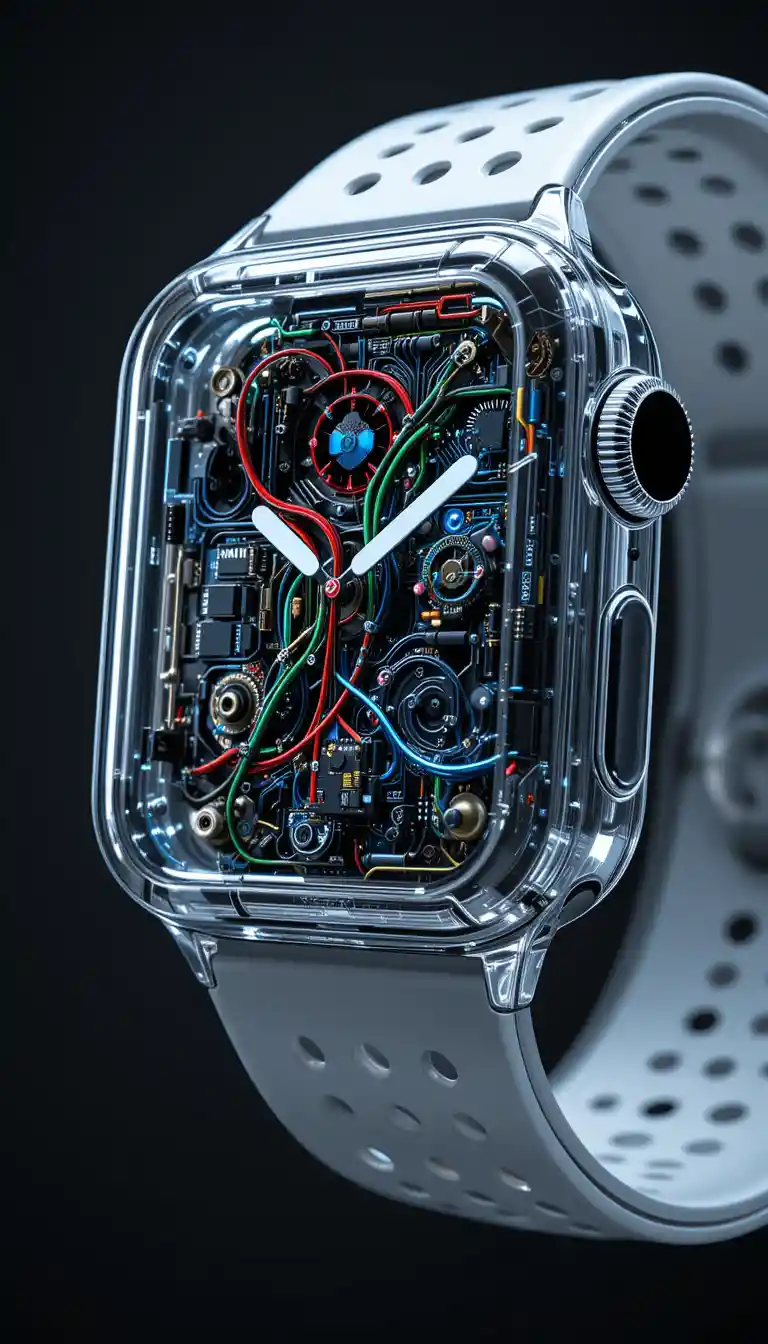 Futuristic transparent smartwatch with exposed inner electronics