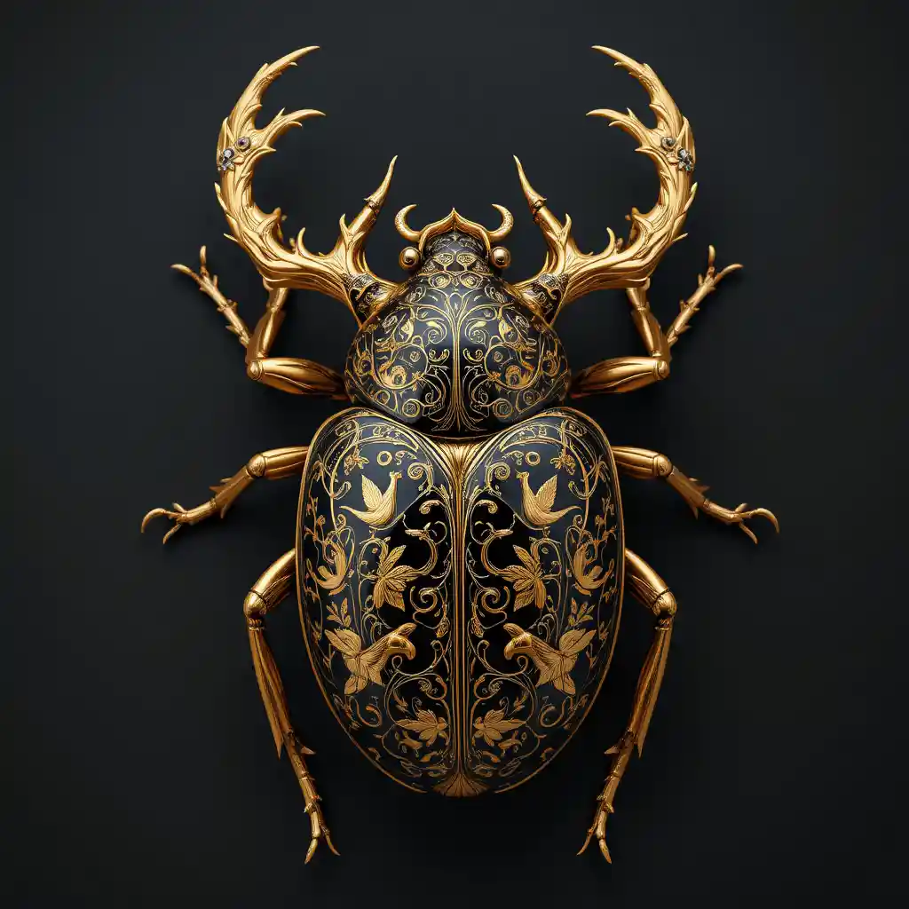 Goldene und schwarze Porzellan-Käferskulptur mit kunstvollen Vogelmotiven