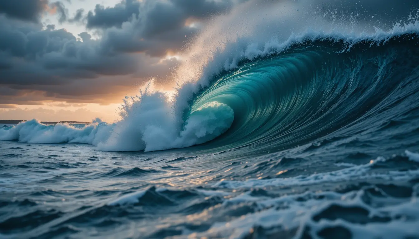 Powerful stormy ocean wave breaking at sunset light