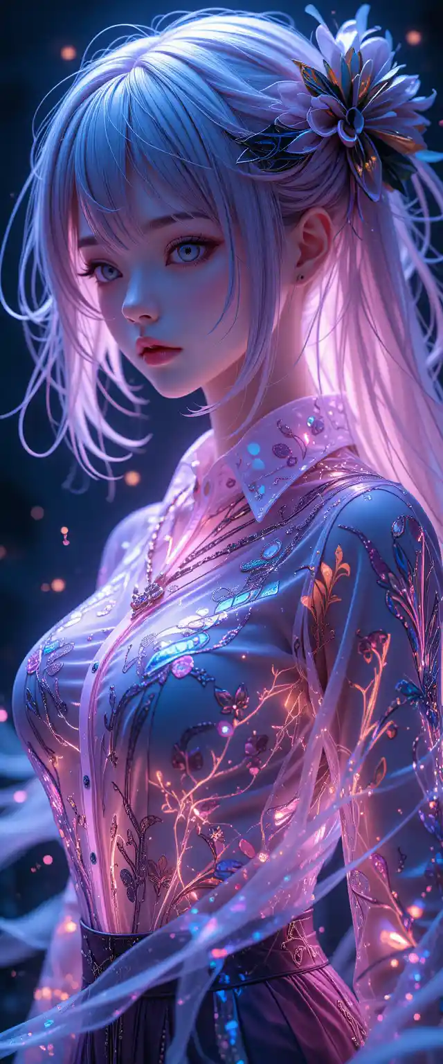 Elegant anime woman in glowing patterned business shirt