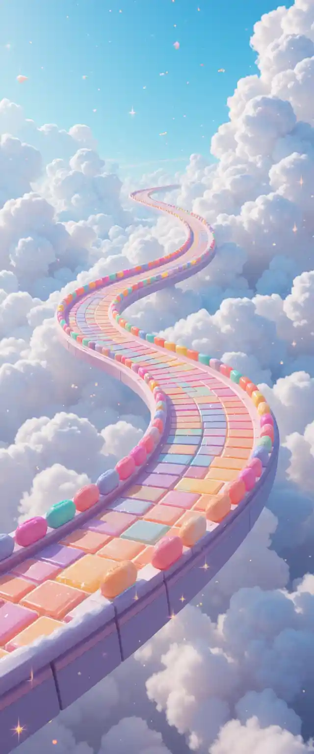 Floating rainbow candy racetrack above soft white clouds