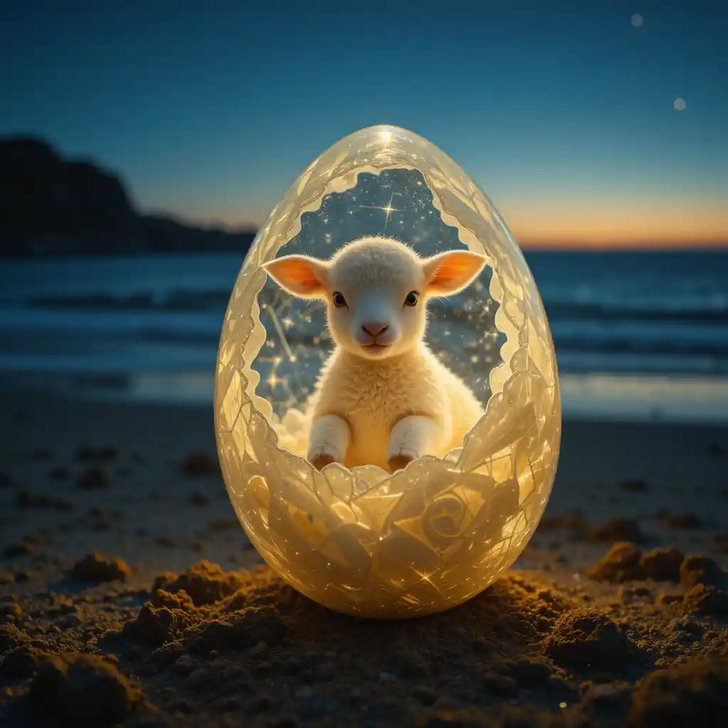 Weißes Lamm in leuchtendem Glasei am Nachtstrand