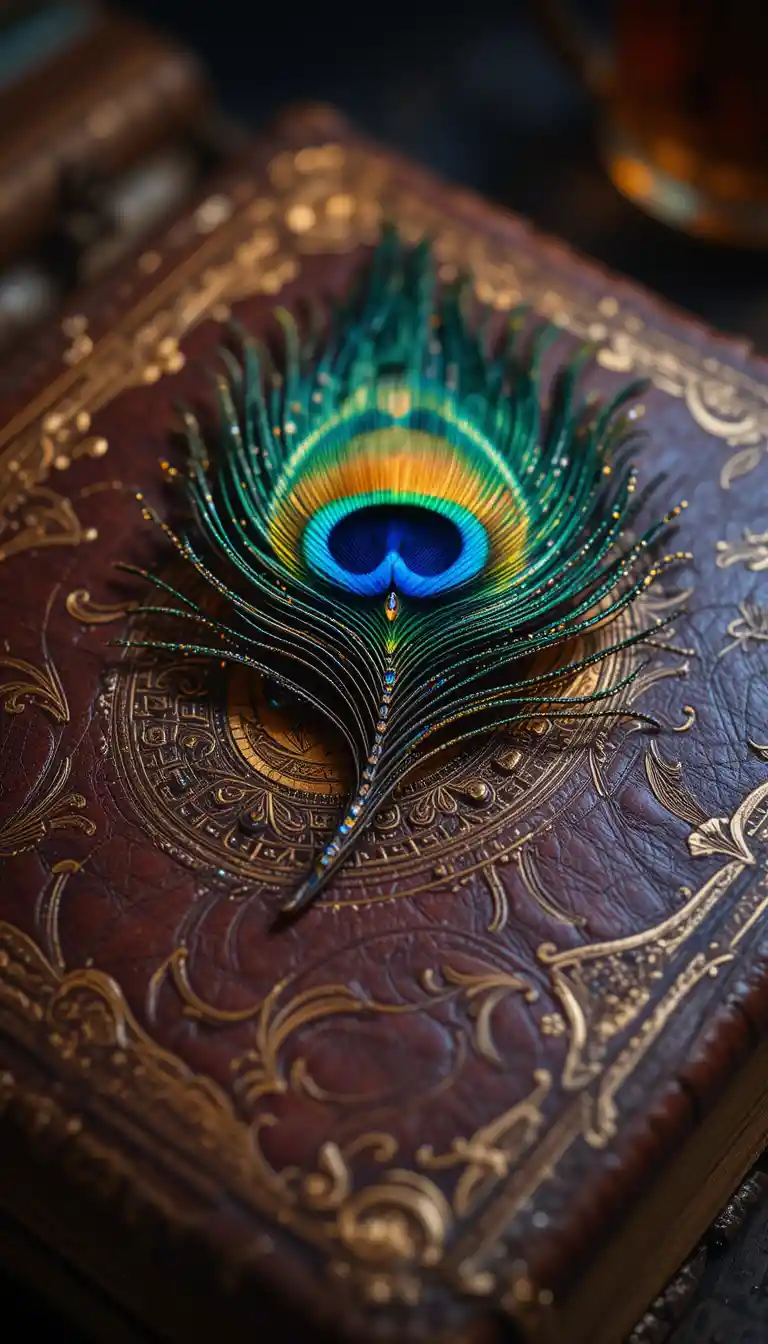 Peacock feather on antique book in soft warm light