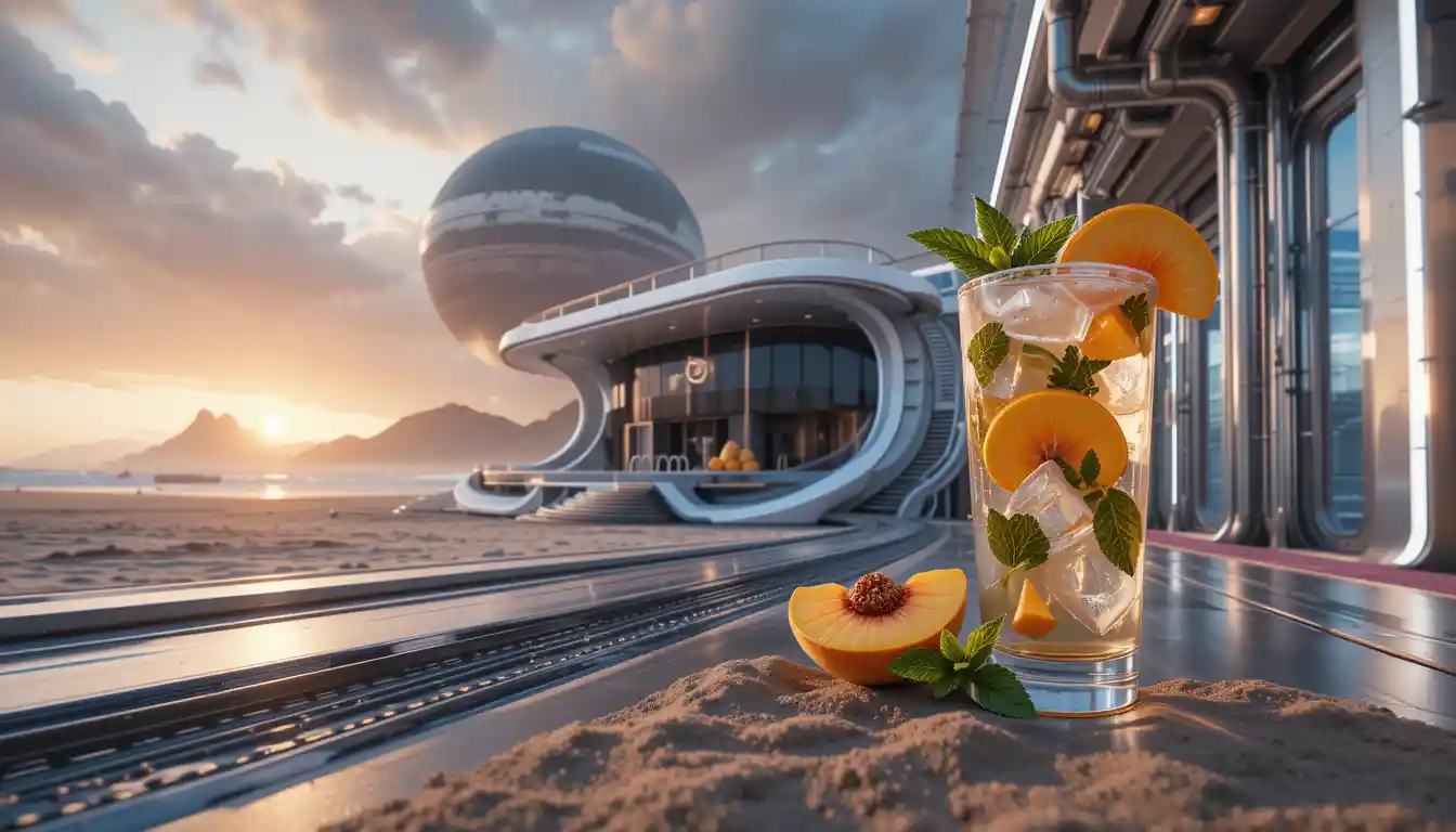 Futuristic beach house beneath a giant distant planet