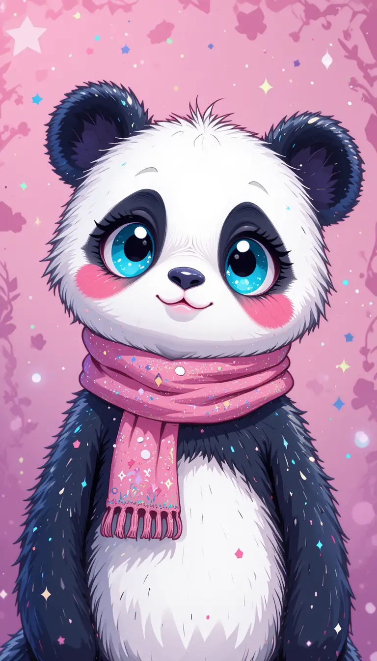 Cute kawaii panda with turquoise eyes and pink scarf
