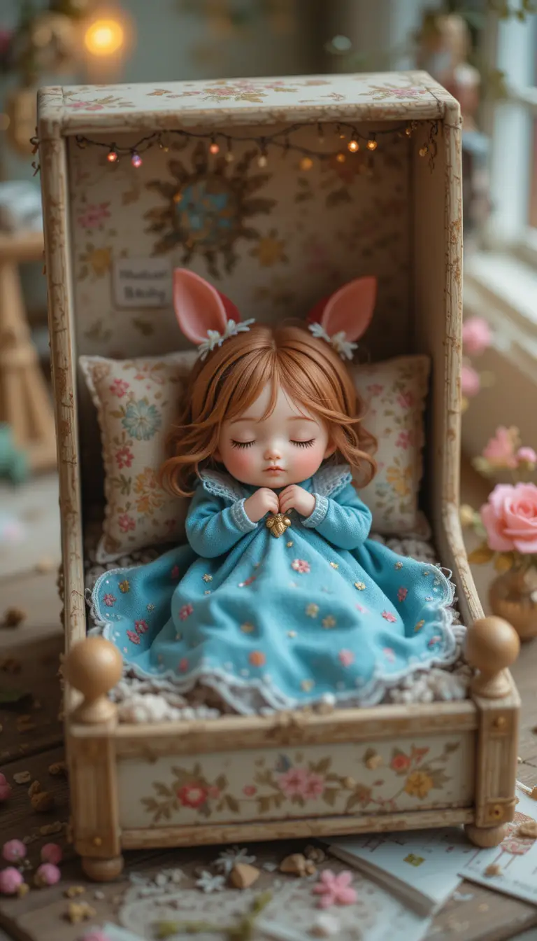Tiny thumbelina curled up in a cozy matchbox bed