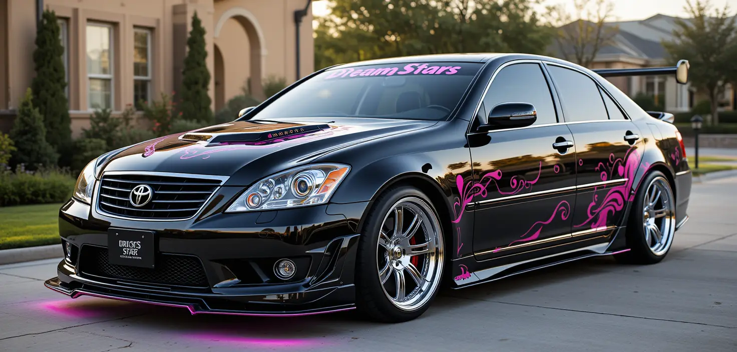 Custom black sedan with pink livery on driveway