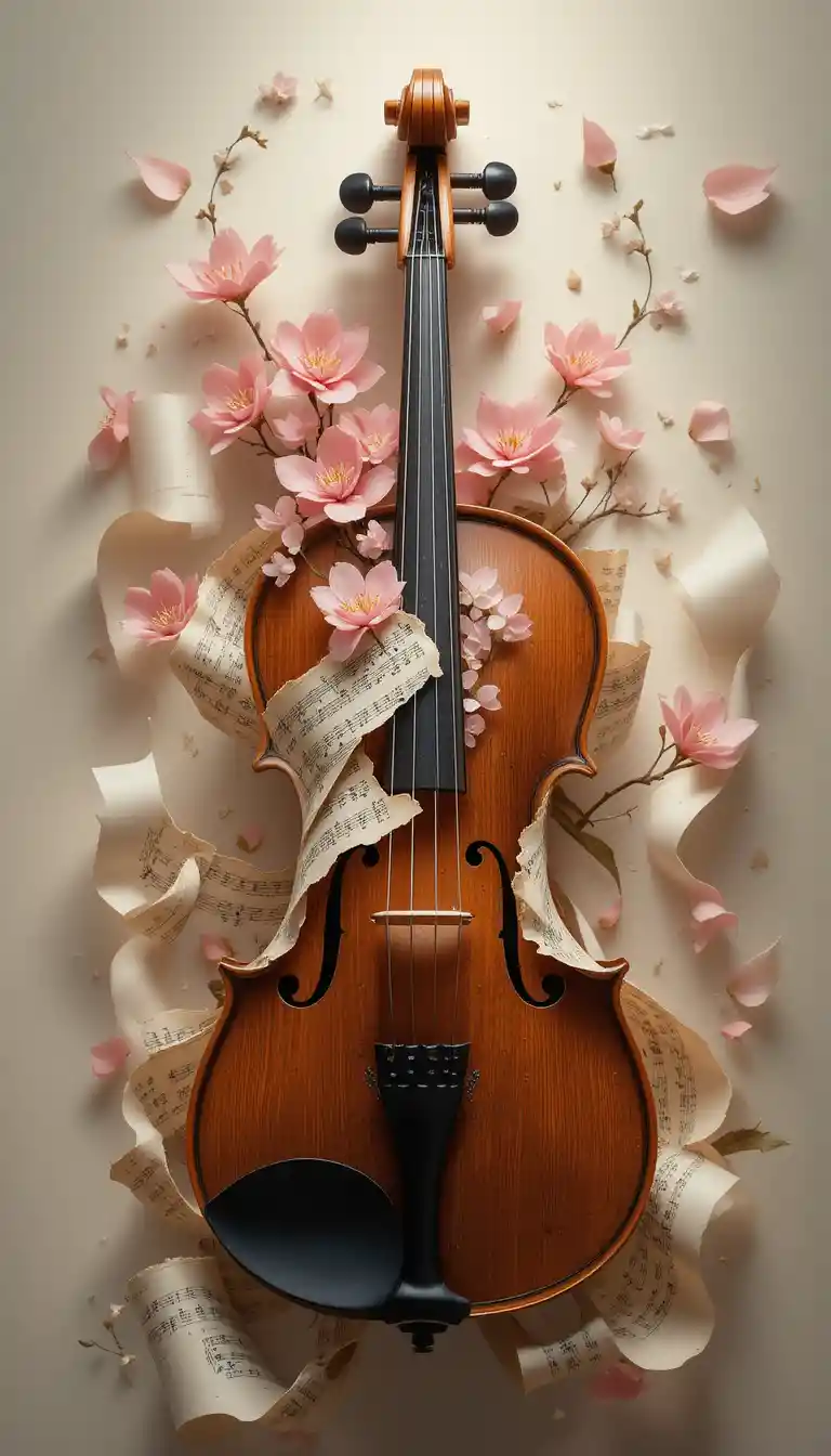 Surreal Violin Still Life With Blooming Sheet Music