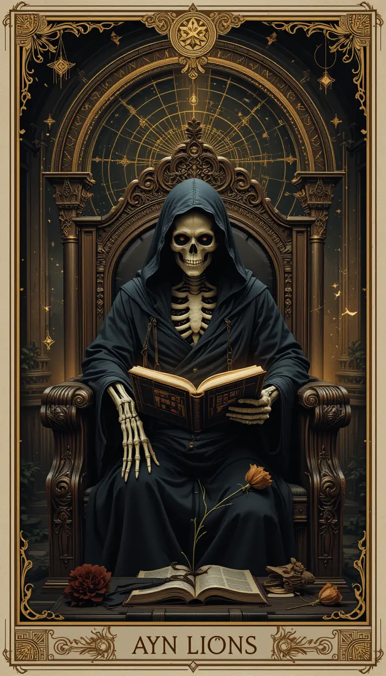 Hooded skeleton reading in a gothic celestial throne room