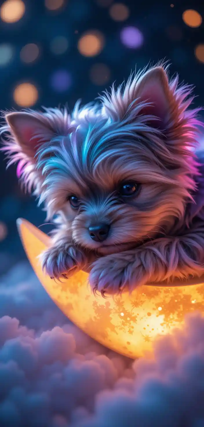 Dreamy yorkshire terrier puppy resting on a crescent moon
