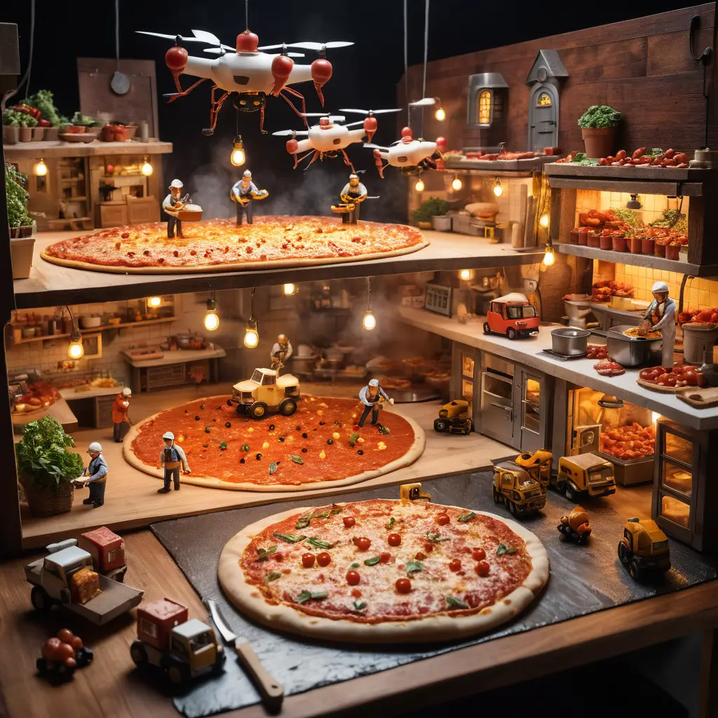 Giant city like pizza built by tiny kitchen workers