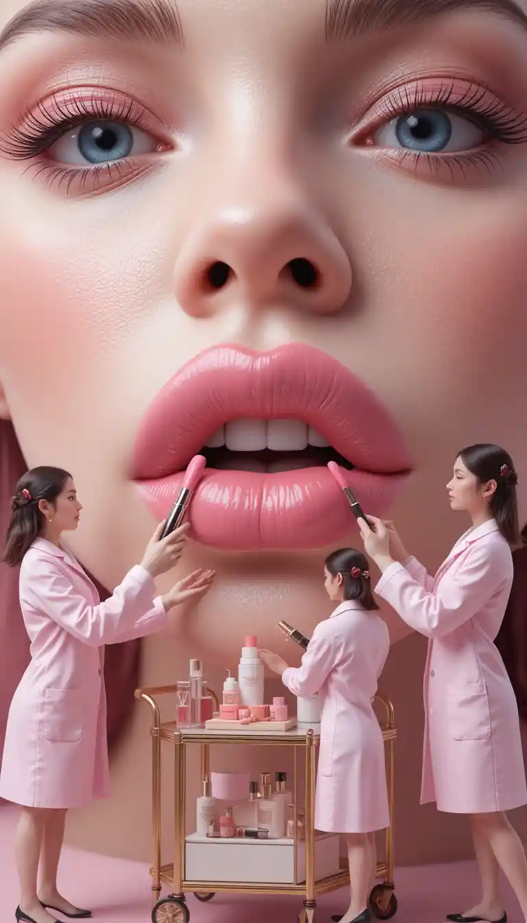 Tiny female doctors working on giant glossy human lips