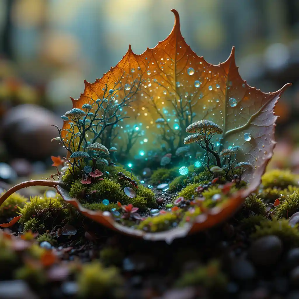 Mondo in miniatura nascosto sotto una singola foglia autunnale luminosa