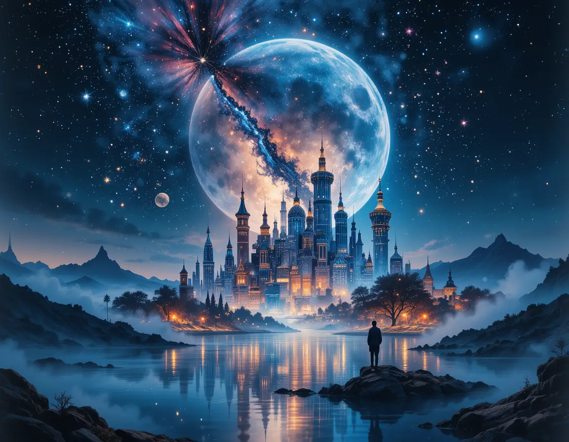 Surreal moonlit fantasy city in digital watercolor illustration