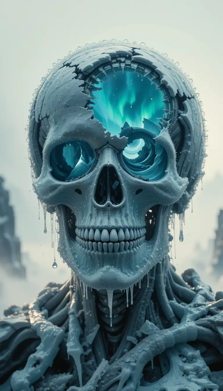 Frozen chrome skull filled with drifting shattered glaciers