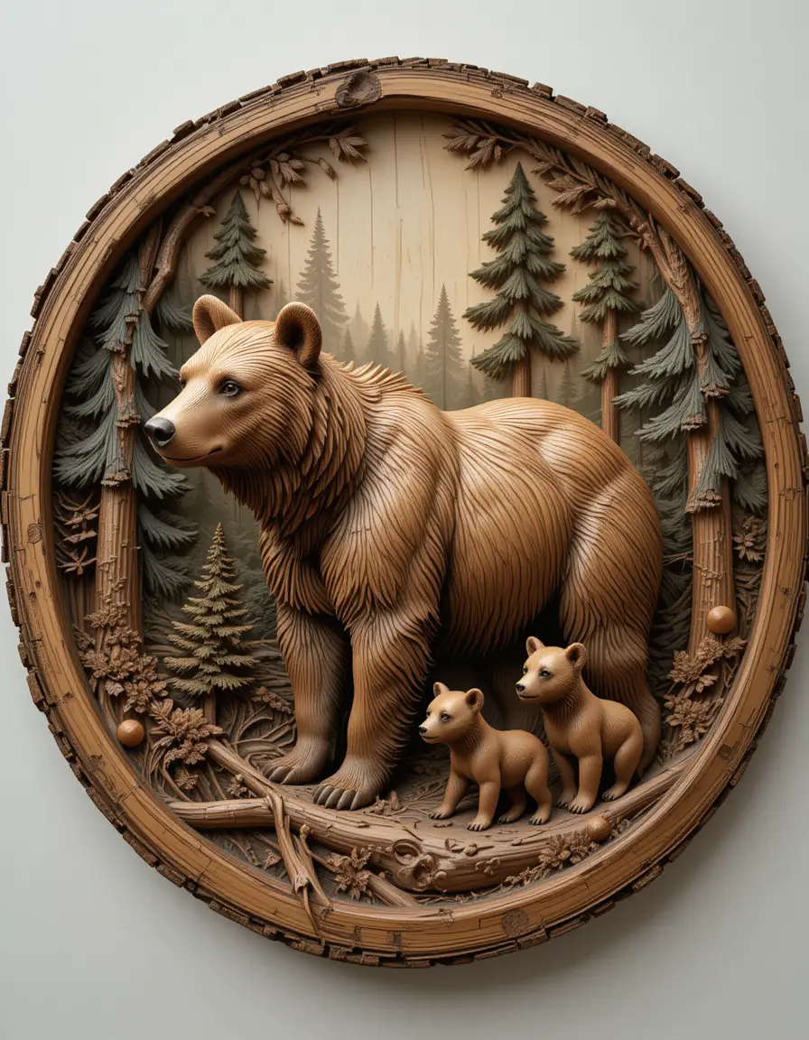 Wood carved forest scene with mother bear and cubs