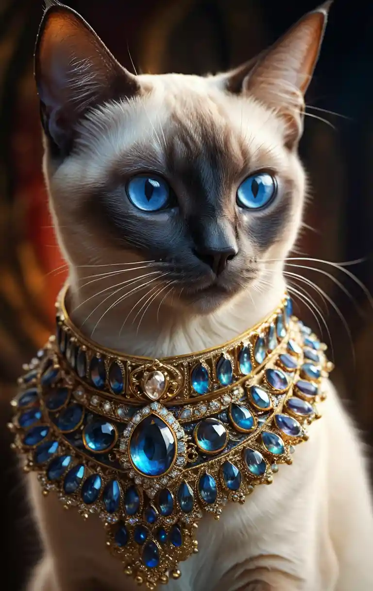 Siamese cat with jeweled collar in fantasy digital art