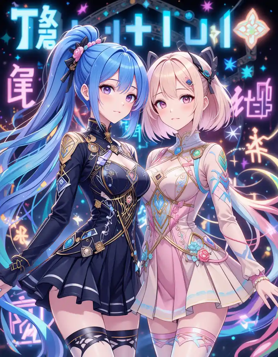 Anime sisters in pastel futuristic outfits with neon symbols