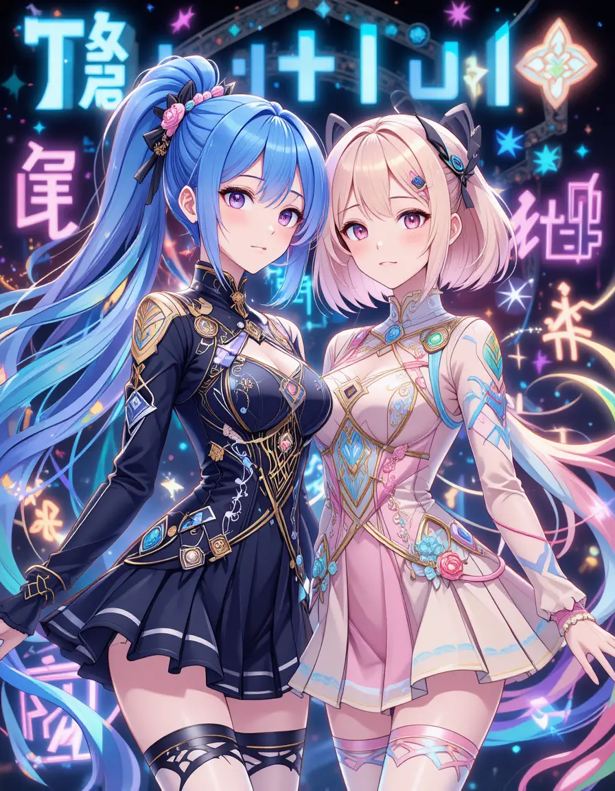 Anime sisters in pastel futuristic outfits with neon symbols