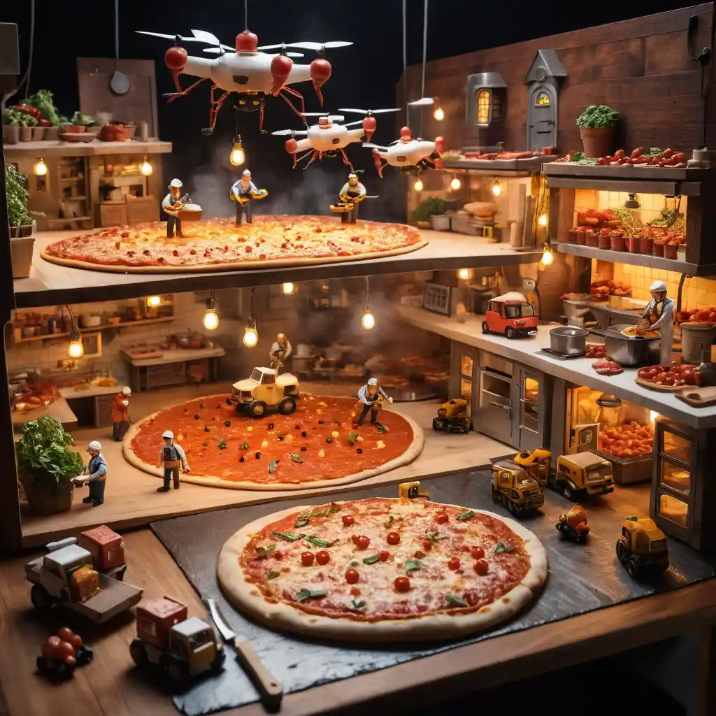 Giant city like pizza built by tiny kitchen workers