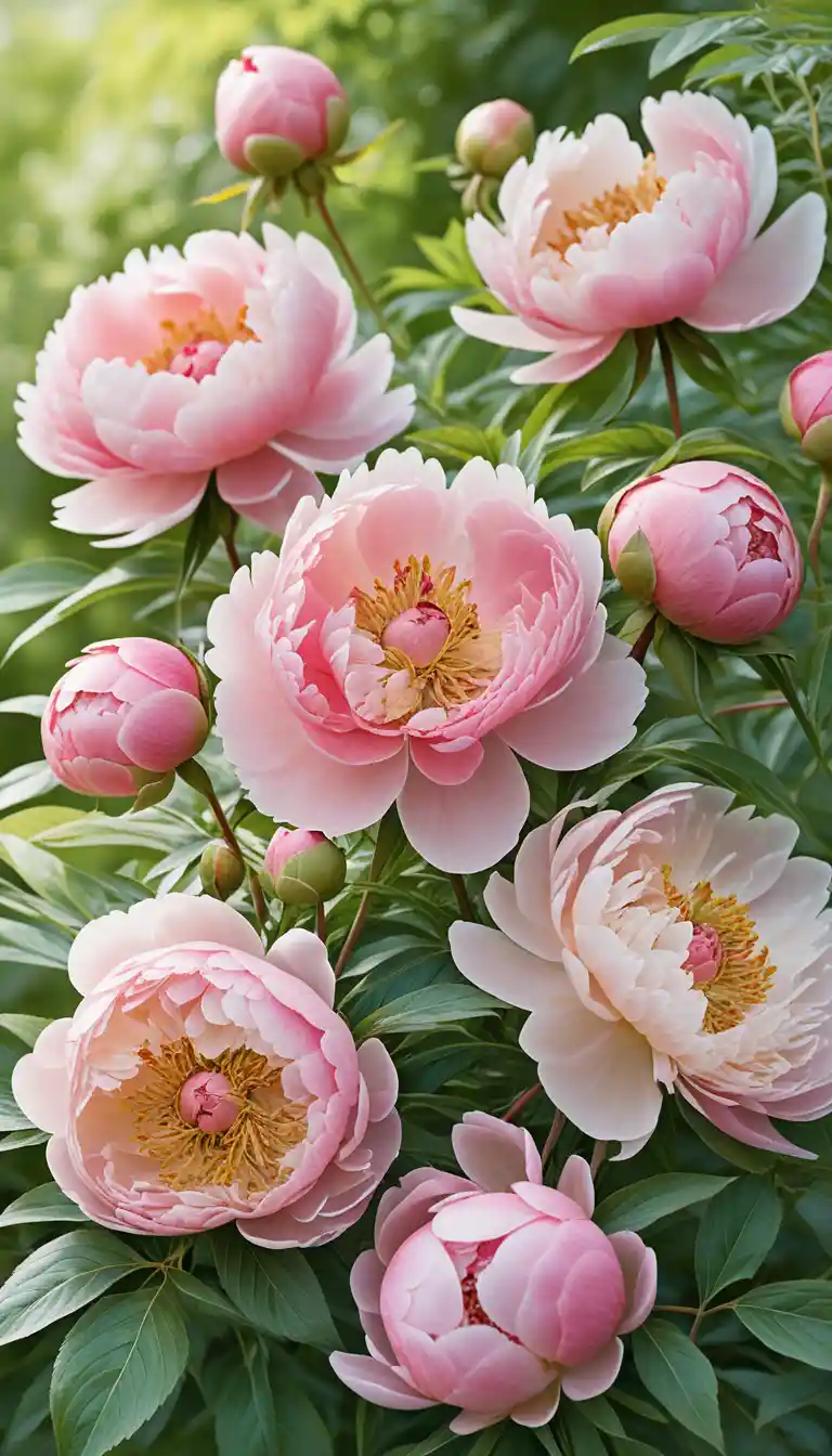 静かな庭に咲く淡いピンクの芍薬のクローズアップ