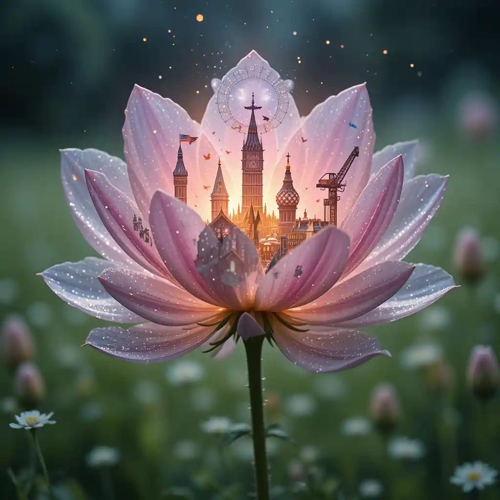 Double exposure flower with city images on green meadow