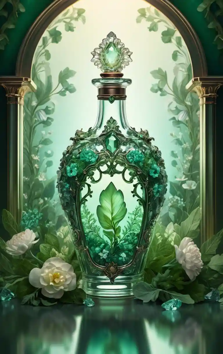 Ornate fantasy bottle covered with greens and flowers