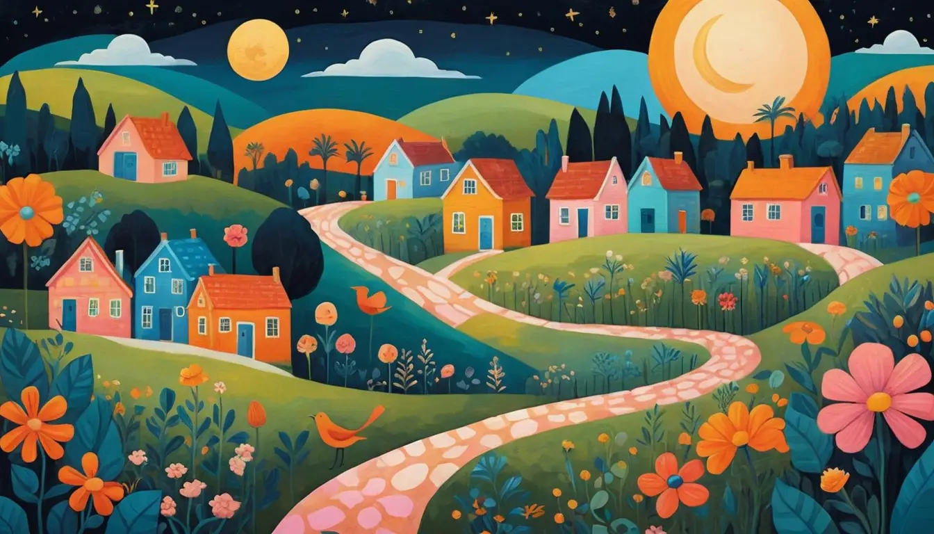 Whimsical folk art town in a dreamy fantasy landscape