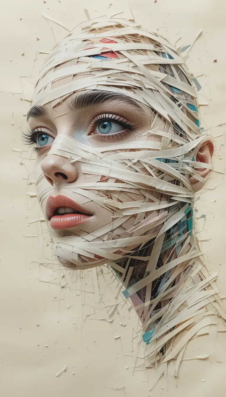 Expressive paper collage portrait of a young woman