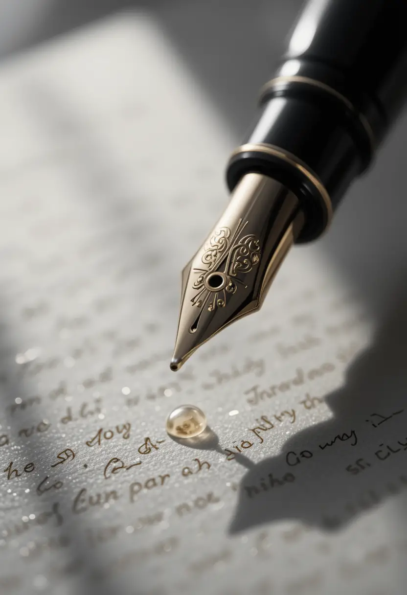 Close up of luxury fountain pen above textured parchment