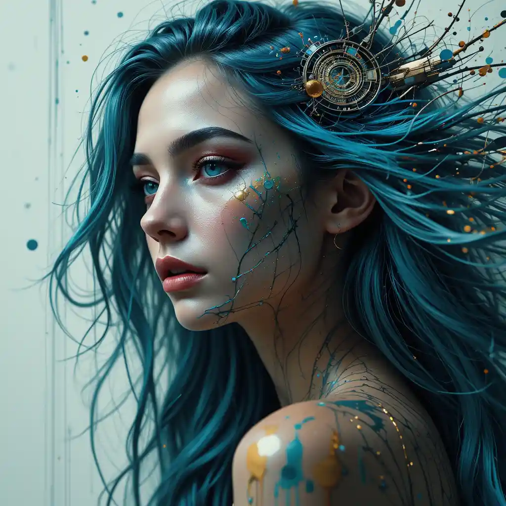 Cyberpunk woman portrait with flowing colorful hair