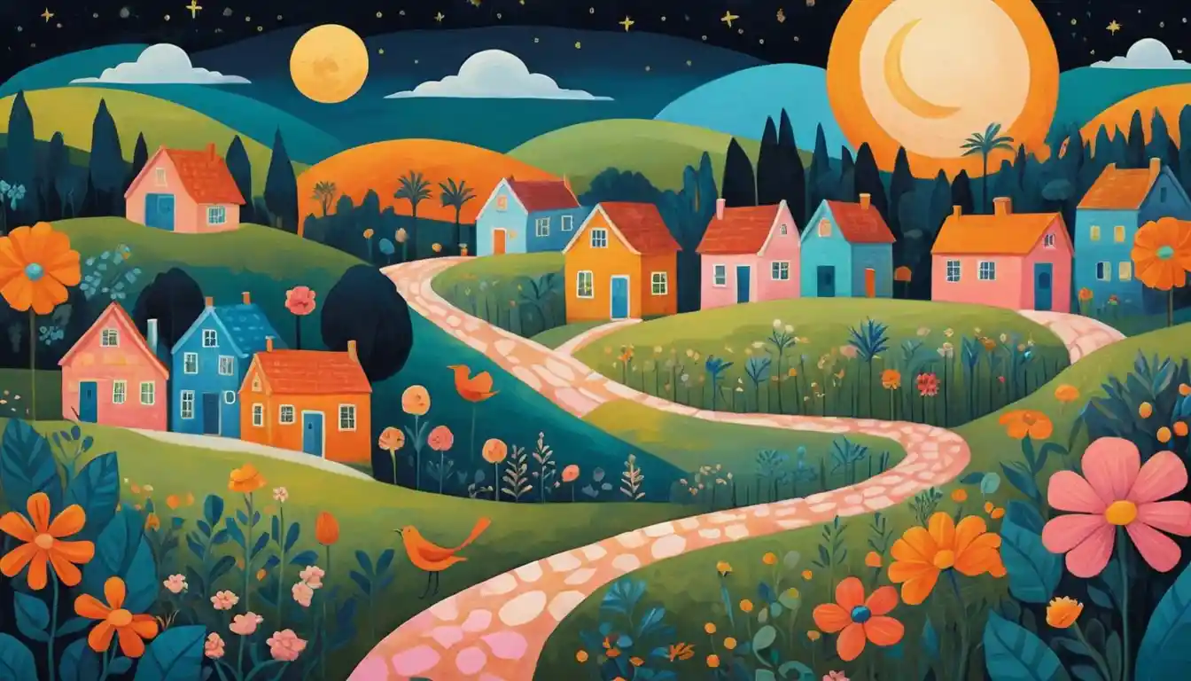 Whimsical folk art town in a dreamy fantasy landscape