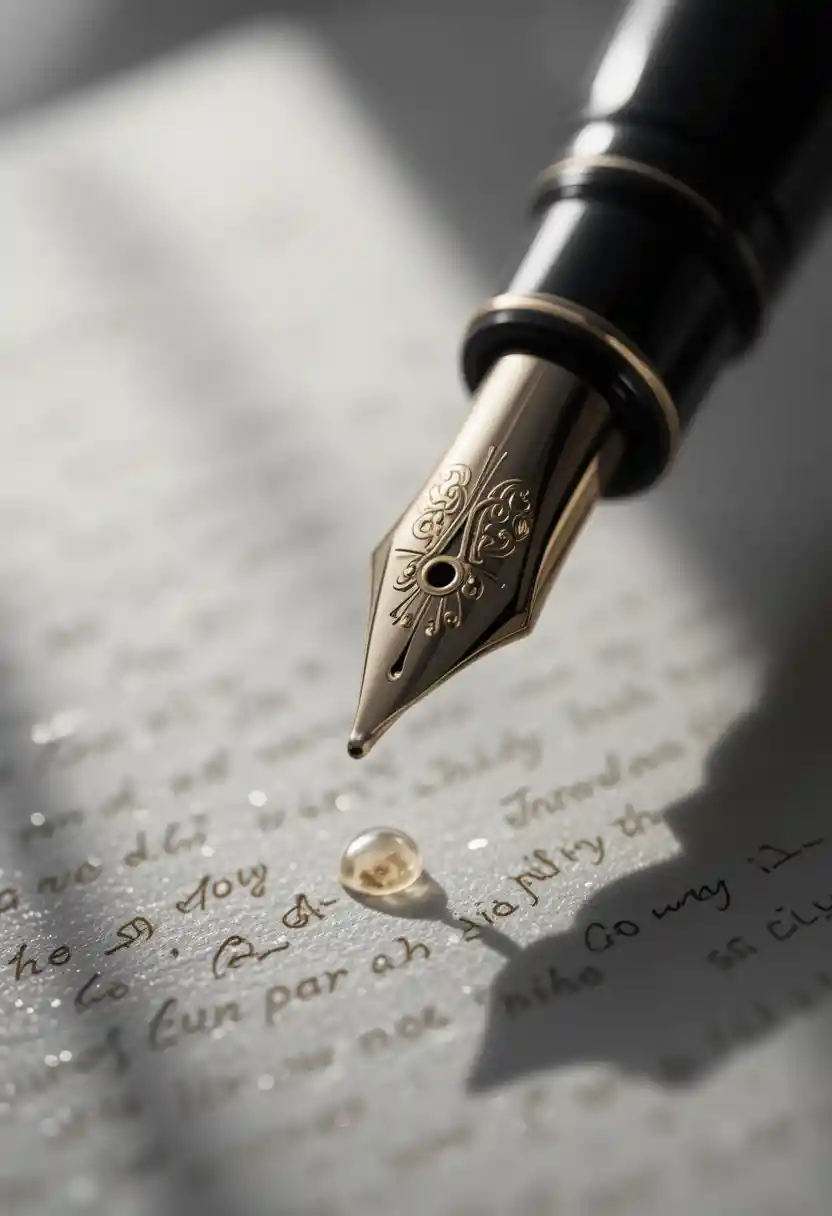 Close up of luxury fountain pen above textured parchment