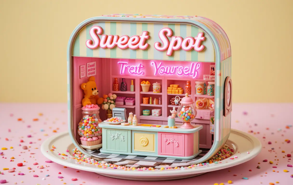 Mini tienda de dulces dentro de una lata retro en tonos pastel