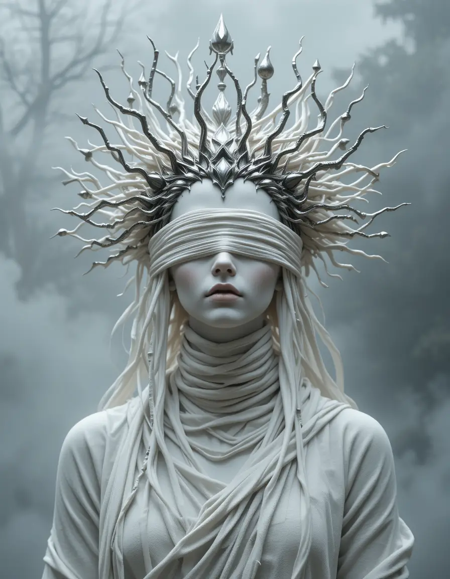 Blindfolded oracle statue with twisted crown in soft mist