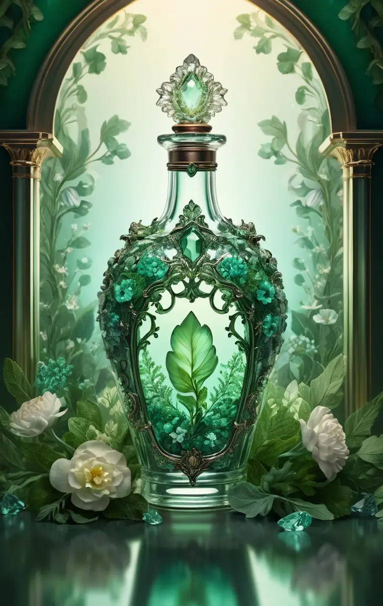 Ornate fantasy bottle covered with greens and flowers